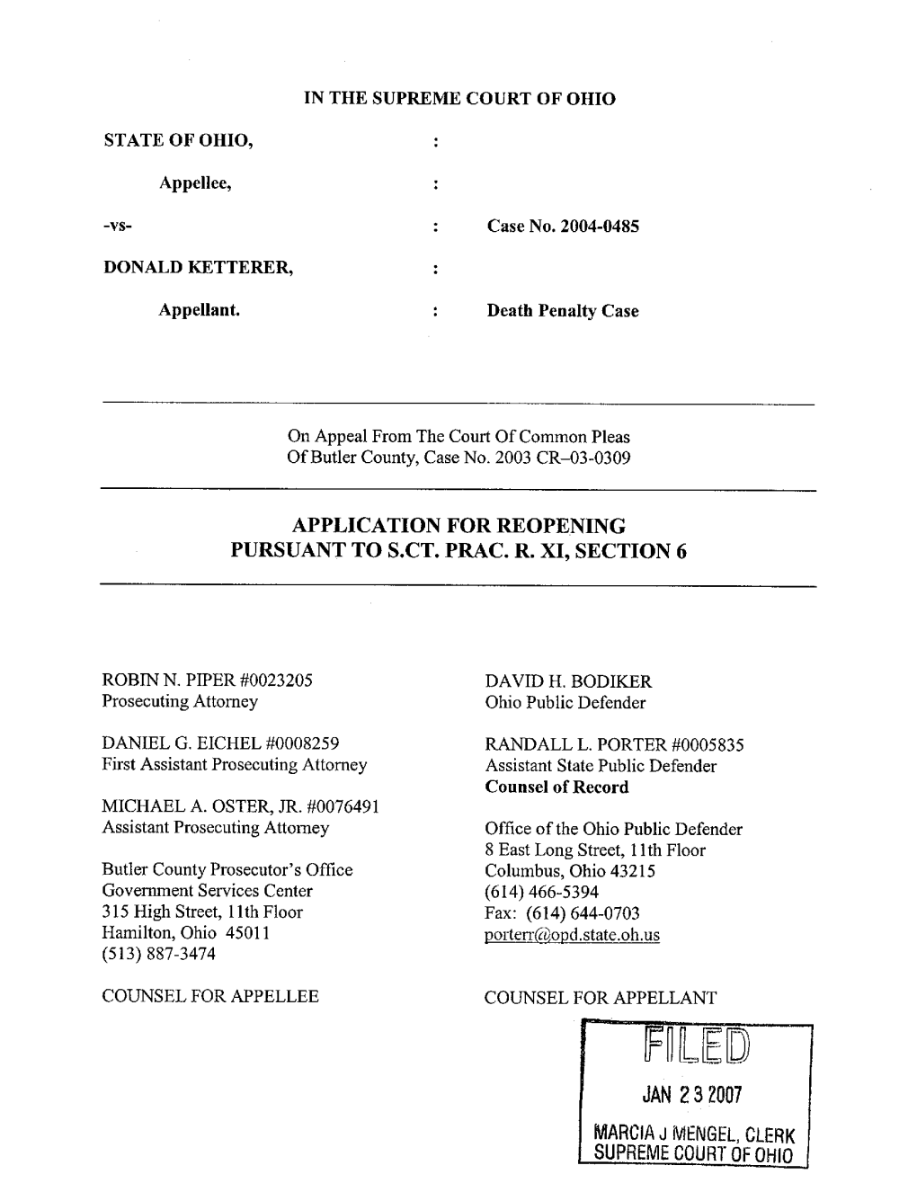 Jan 2 3 2007 Marcia J Mengel, Clerk Supreme Court Oe Ohio in the Supreme Court of Ohio