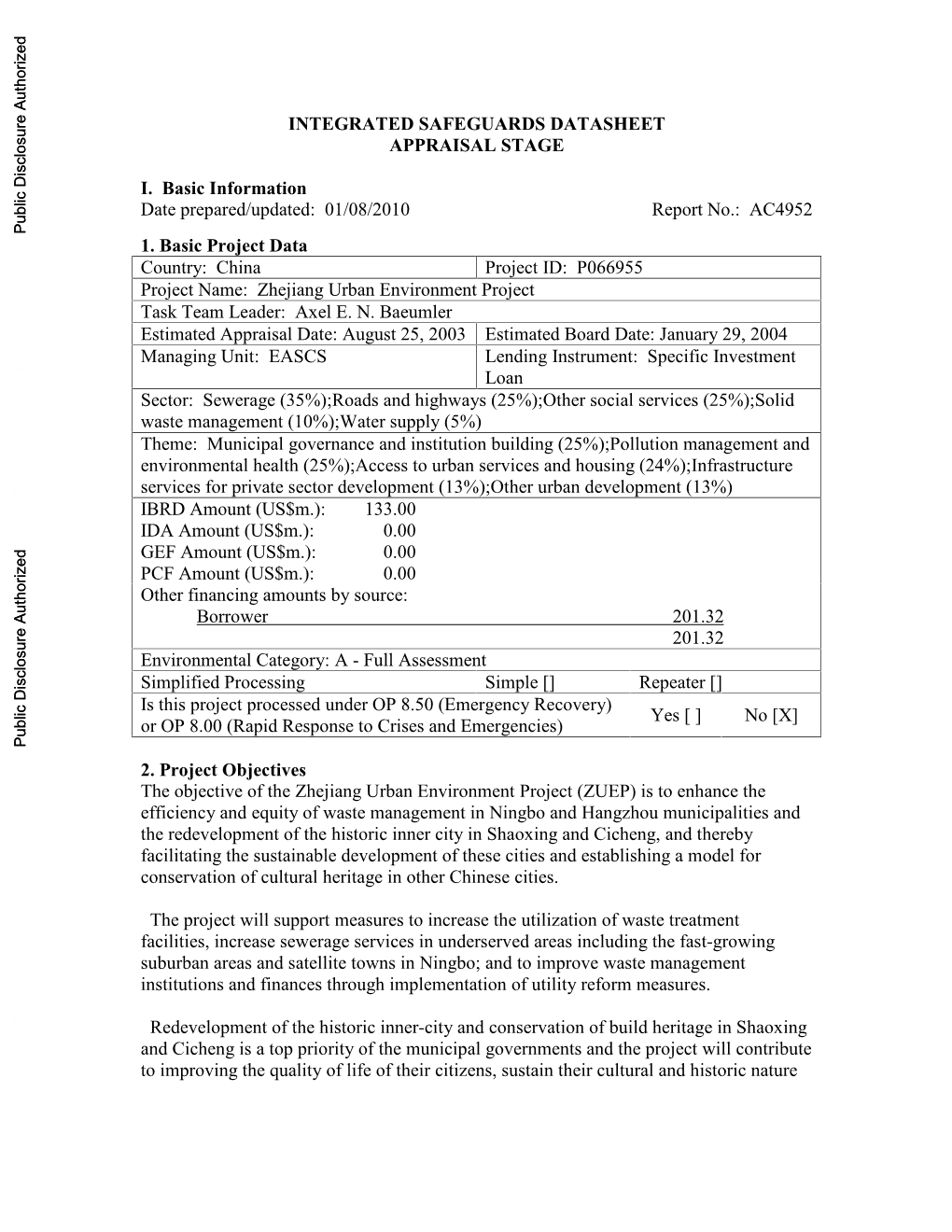 Integrated Safeguards Datasheet Appraisal Stage