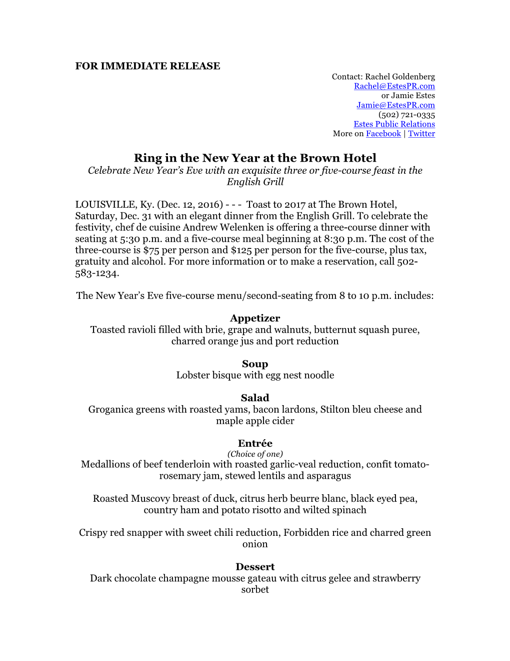 Ring in the New Year at the Brown Hotel Celebrate New Year’S Eve with an Exquisite Three Or Five-Course Feast in the English Grill