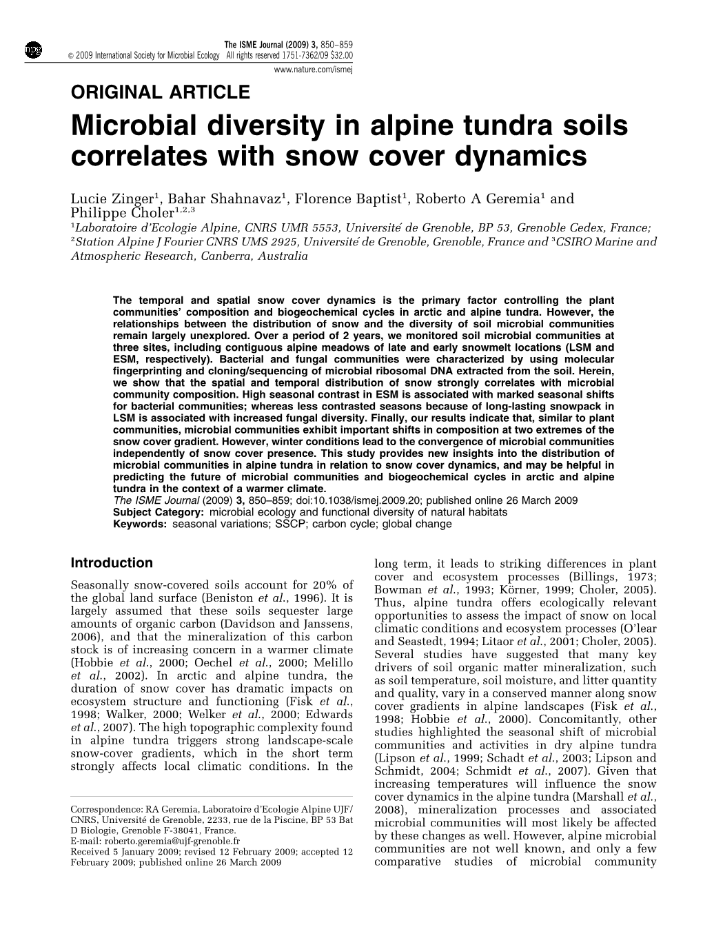 Microbial Diversity in Alpine Tundra Soils Correlates with Snow Cover Dynamics