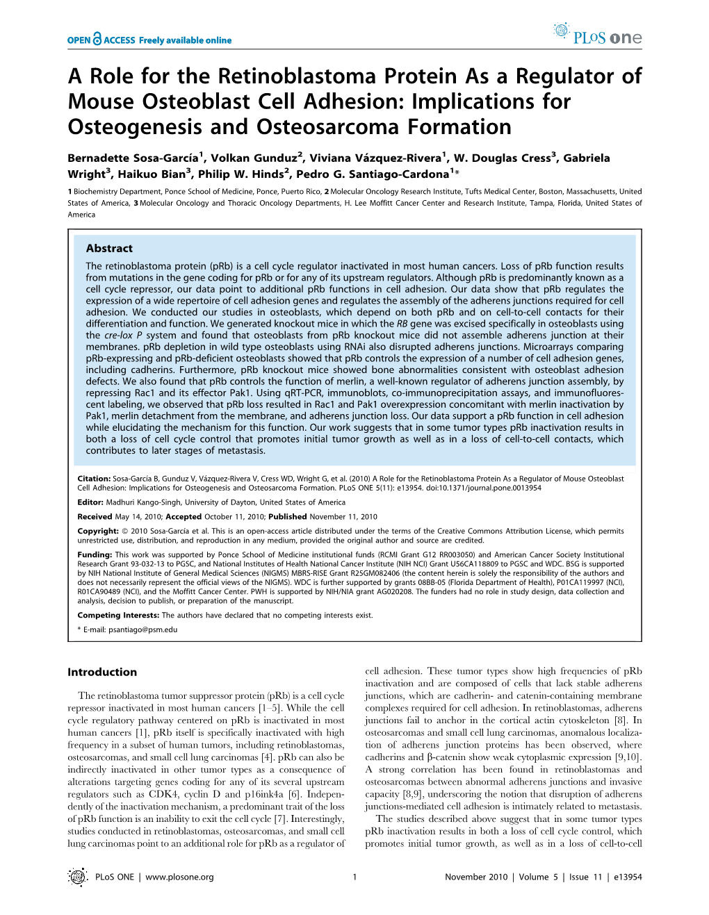 A Role for the Retinoblastoma Protein As a Regulator of Mouse Osteoblast Cell Adhesion: Implications for Osteogenesis and Osteosarcoma Formation