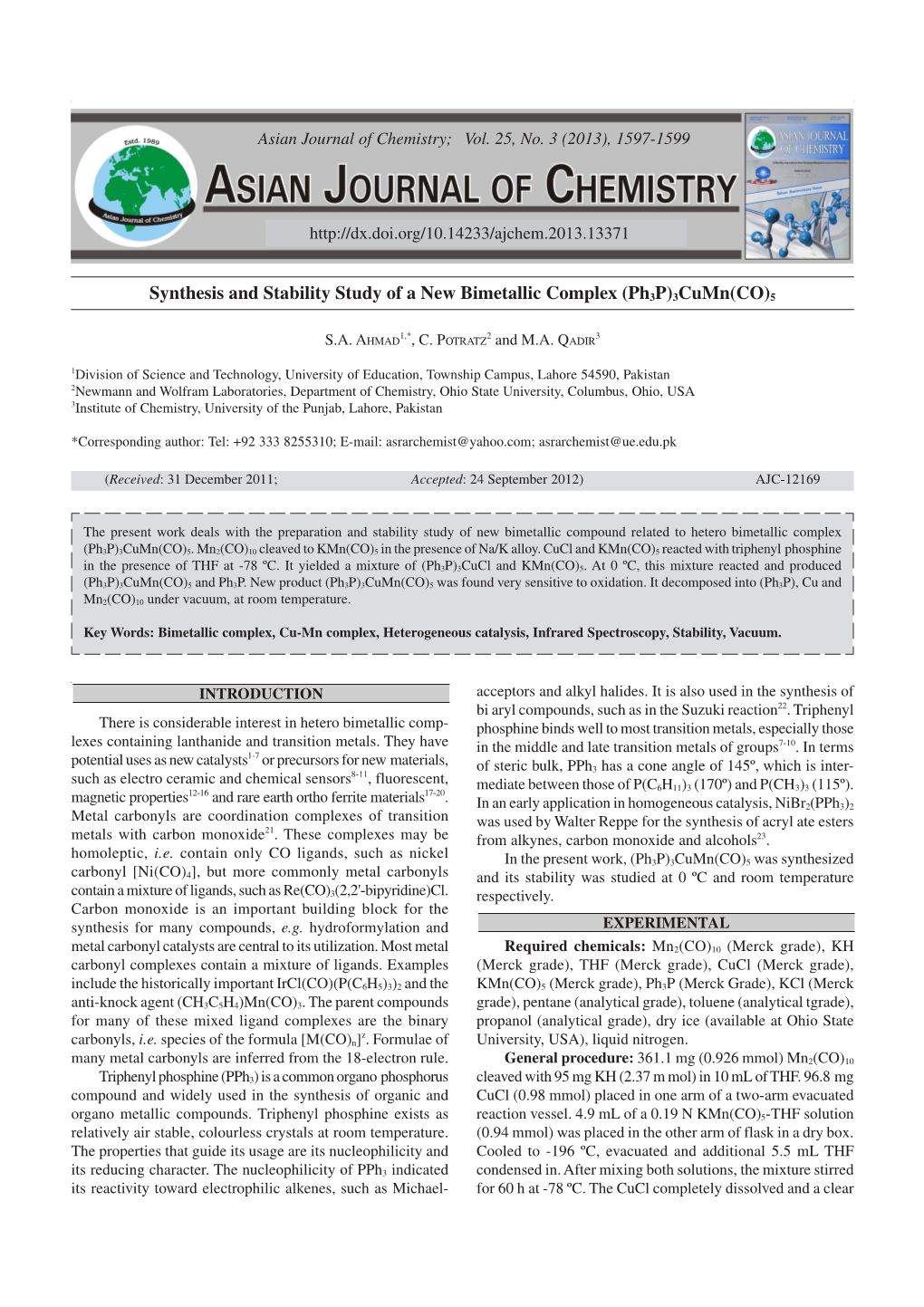 Synthesis and Stability Study of a New Bimetallic Complex (Ph3p)3Cumn(CO)5