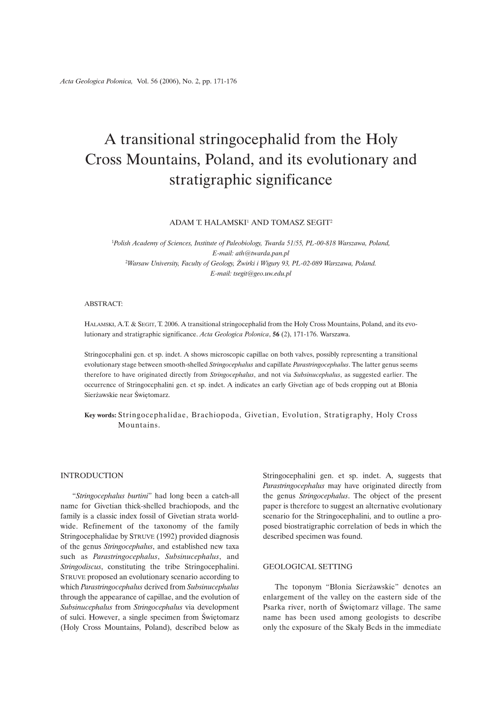 A Transitional Stringocephalid from the Holy Cross Mountains, Poland, and Its Evolutionary and Stratigraphic Significance