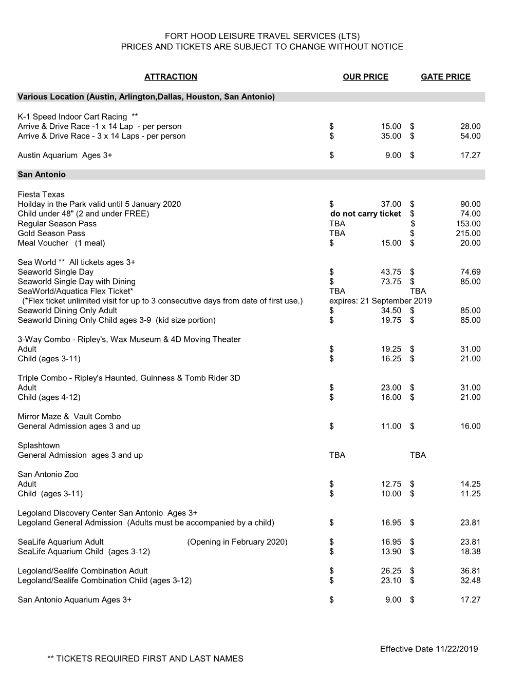 Fort Hood Leisure Travel Services (Lts) Prices and Tickets Are Subject to Change Without Notice