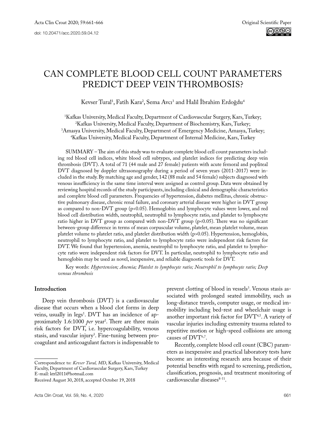 Can Complete Blood Cell Count Parameters Predict Deep Vein Thrombosis?