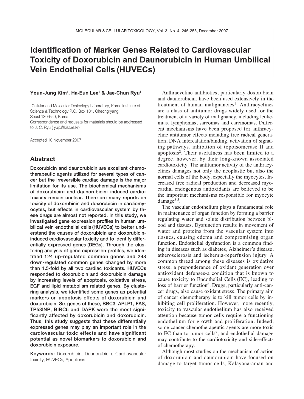 Identification of Marker Genes Related to Cardiovascular Toxicity of Doxorubicin and Daunorubicin in Human Umbilical Vein Endothelial Cells (Huvecs)