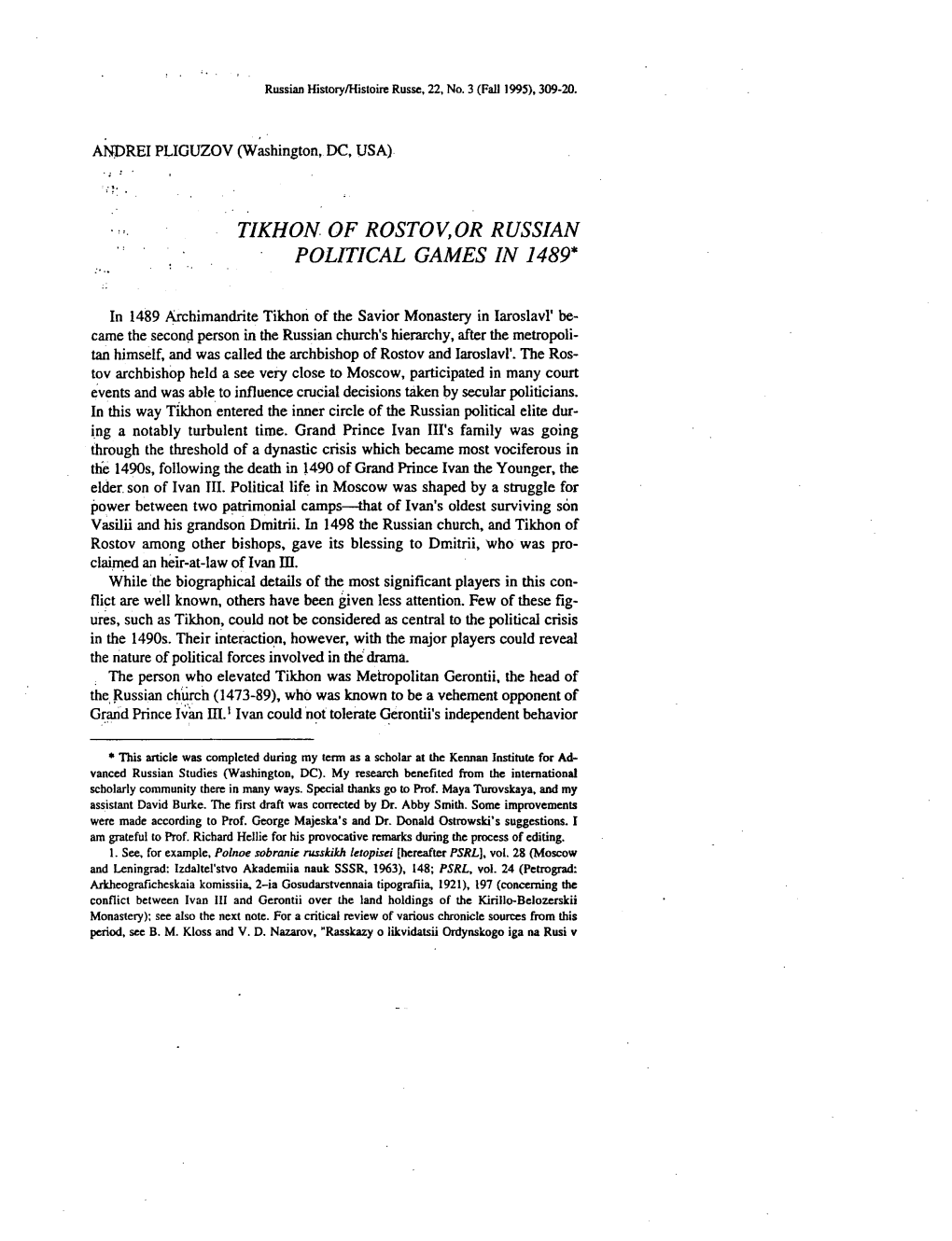 ANDREI PLIGUZOV (Washington, DC, USA) TIKHON of ROSTOV,OR RUSSIAN POLITICAL GAMES in 1489* in 1489 Archimandrite Tikhon of the S