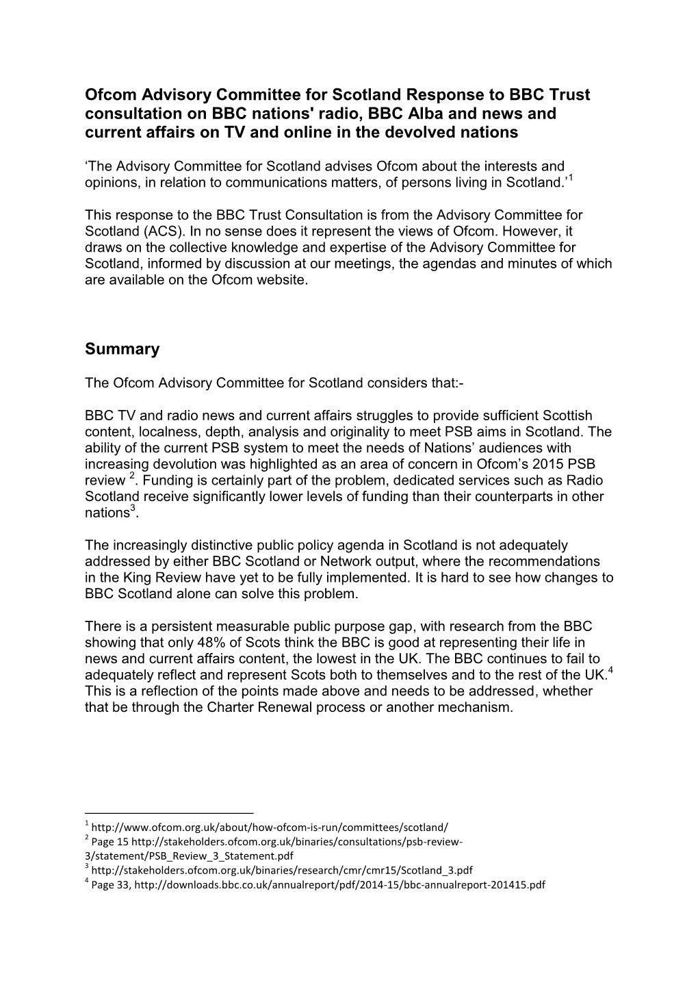 Ofcom Advisory Committee for Scotland Response to BBC Trust