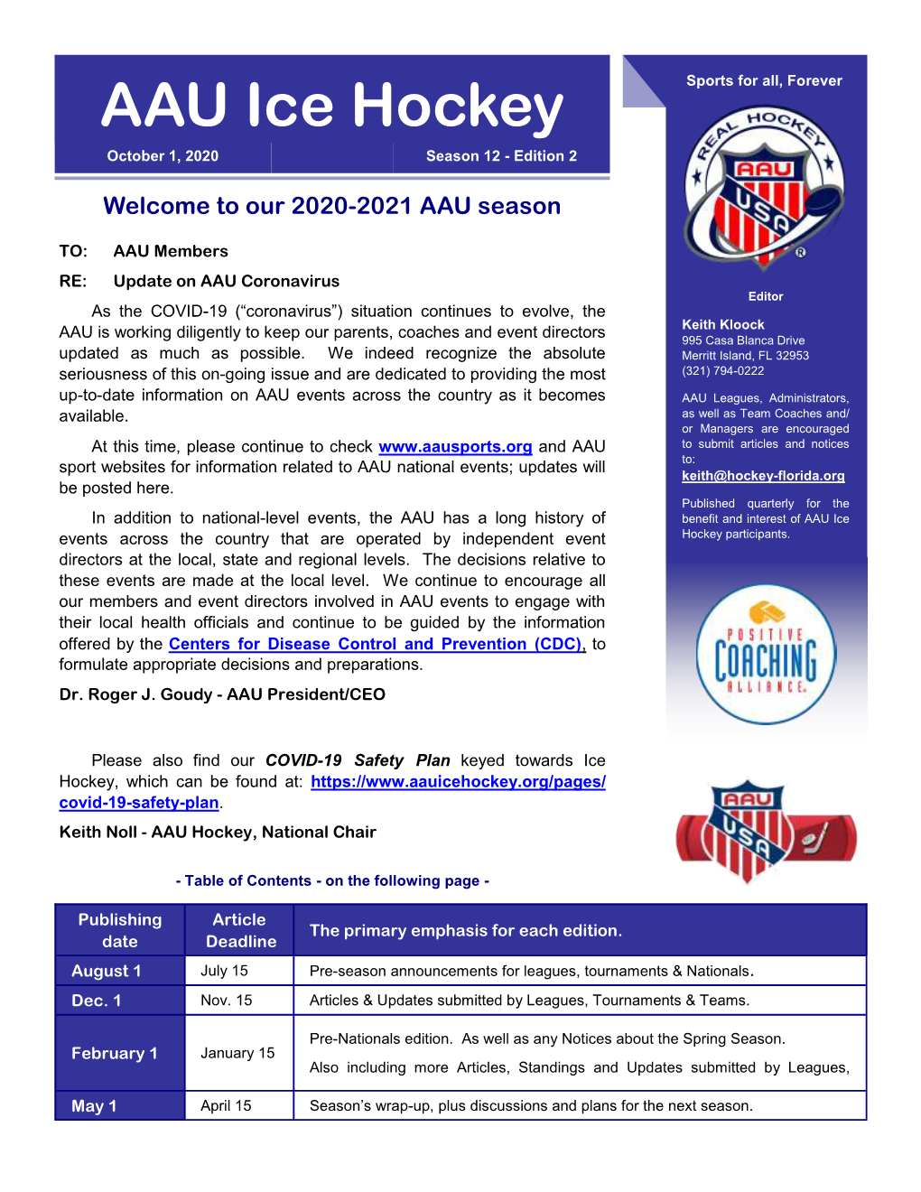 AAU Ice Hockey Sports for All, Forever October 1, 2020 Season 12 - Edition 2