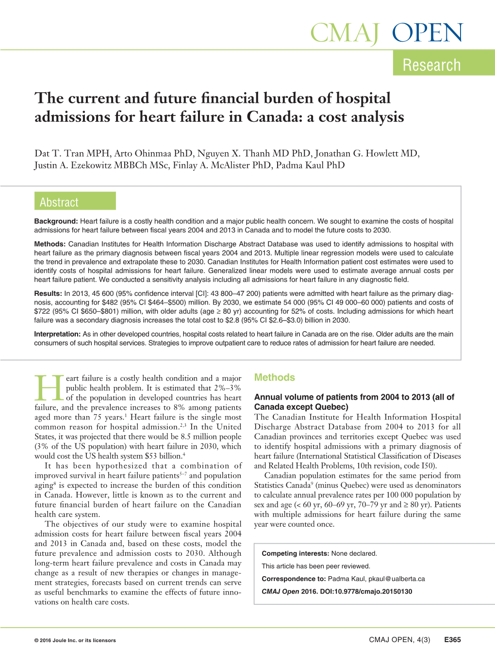 The Current and Future Financial Burden of Hospital Admissions for Heart Failure in Canada: a Cost Analysis