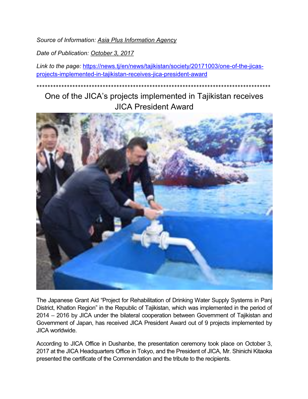 One of the JICA's Projects Implemented in Tajikistan Receives