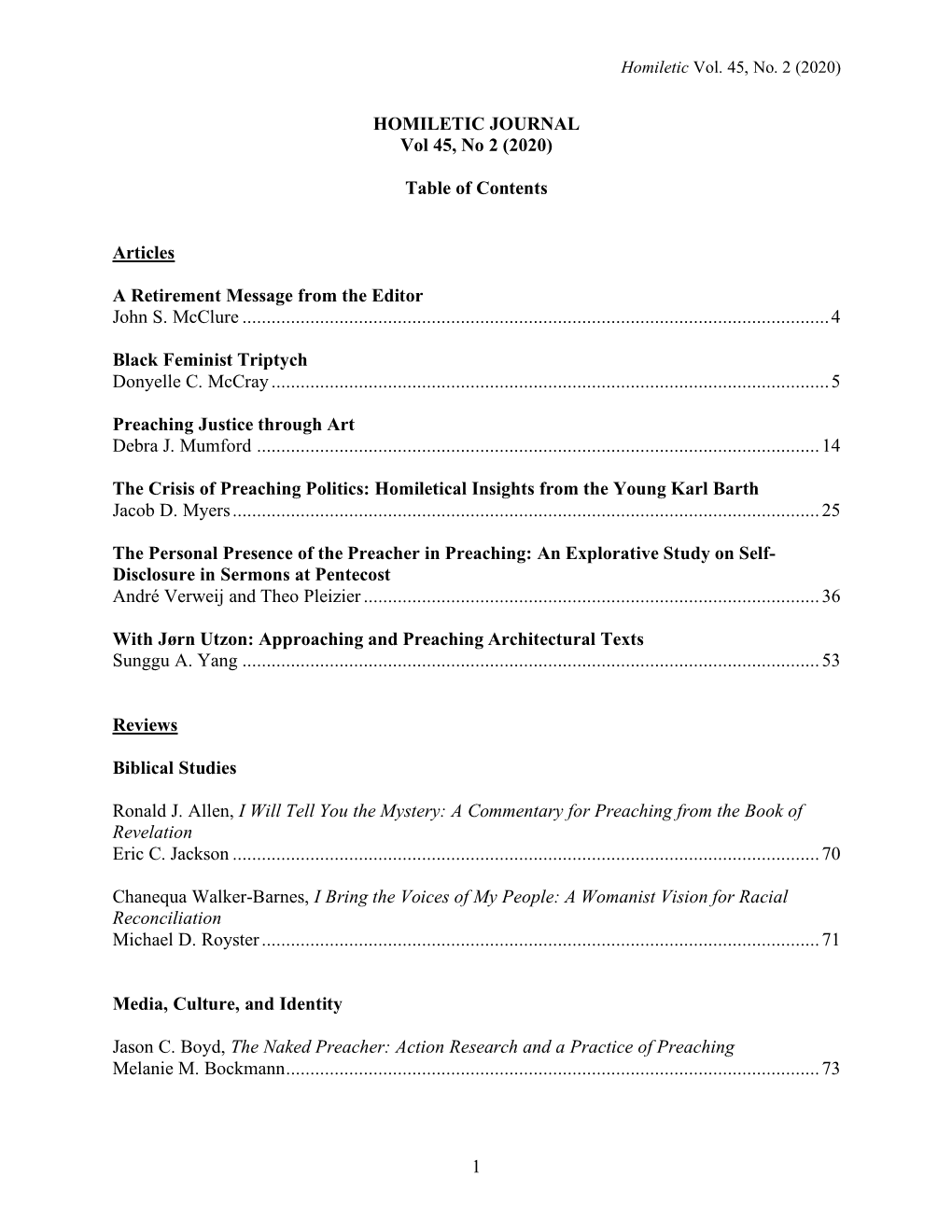 1 HOMILETIC JOURNAL Vol 45, No 2 (2020) Table of Contents Articles A