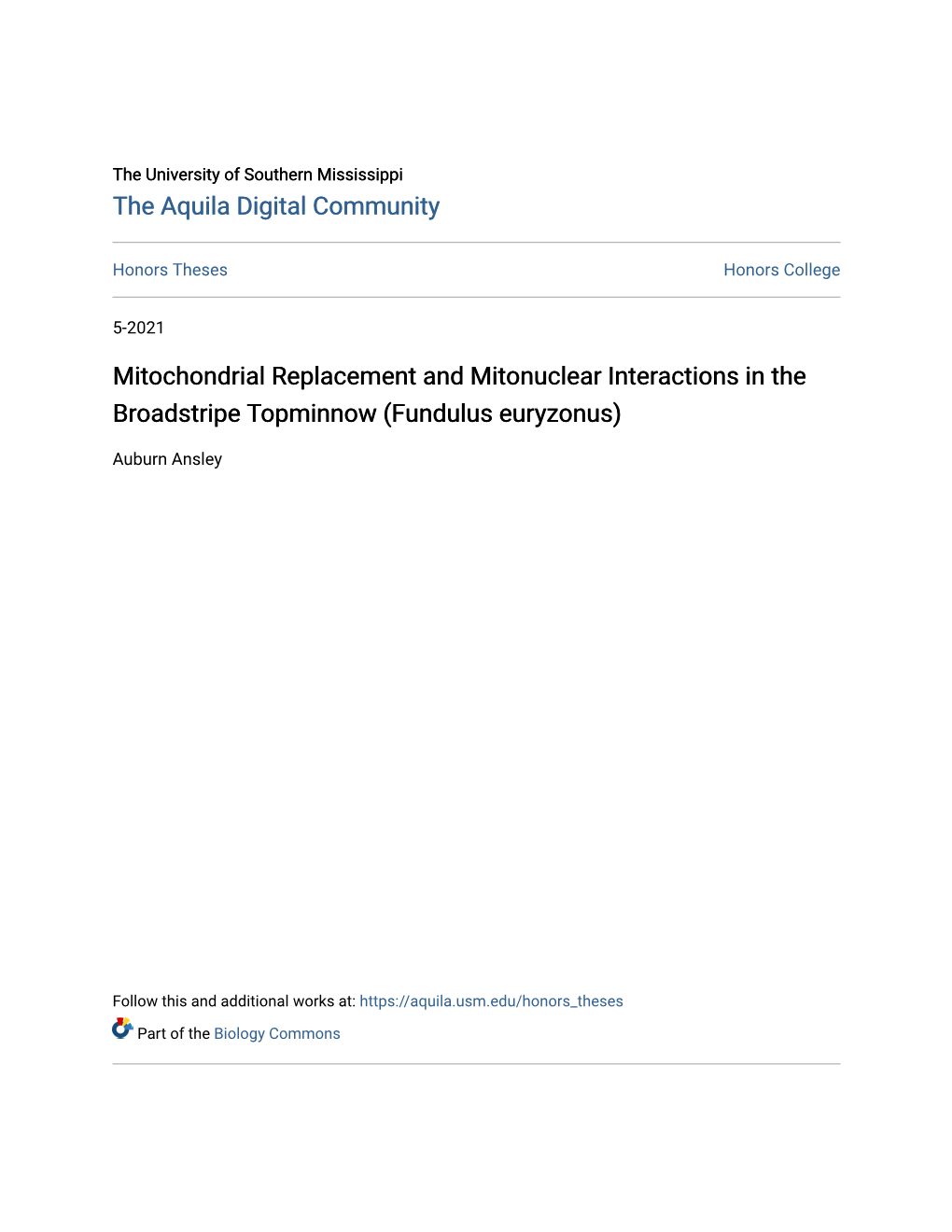 Mitochondrial Replacement and Mitonuclear Interactions in the Broadstripe Topminnow (Fundulus Euryzonus)