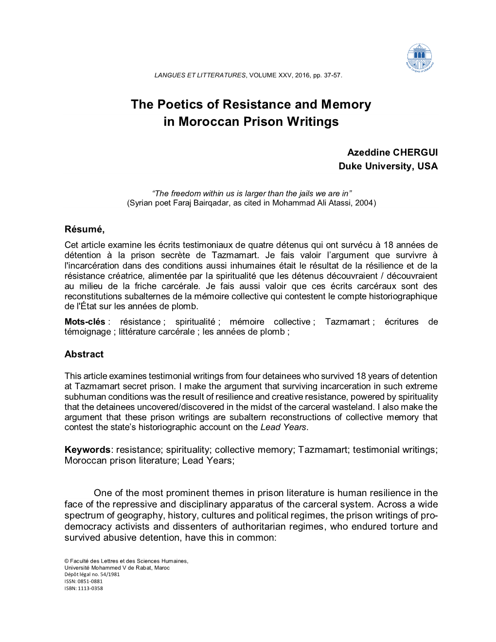 The Poetics of Resistance and Memory in Moroccan Prison Writings