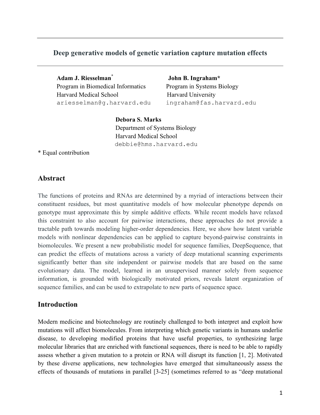 Deep Generative Models of Genetic Variation Capture Mutation Effects