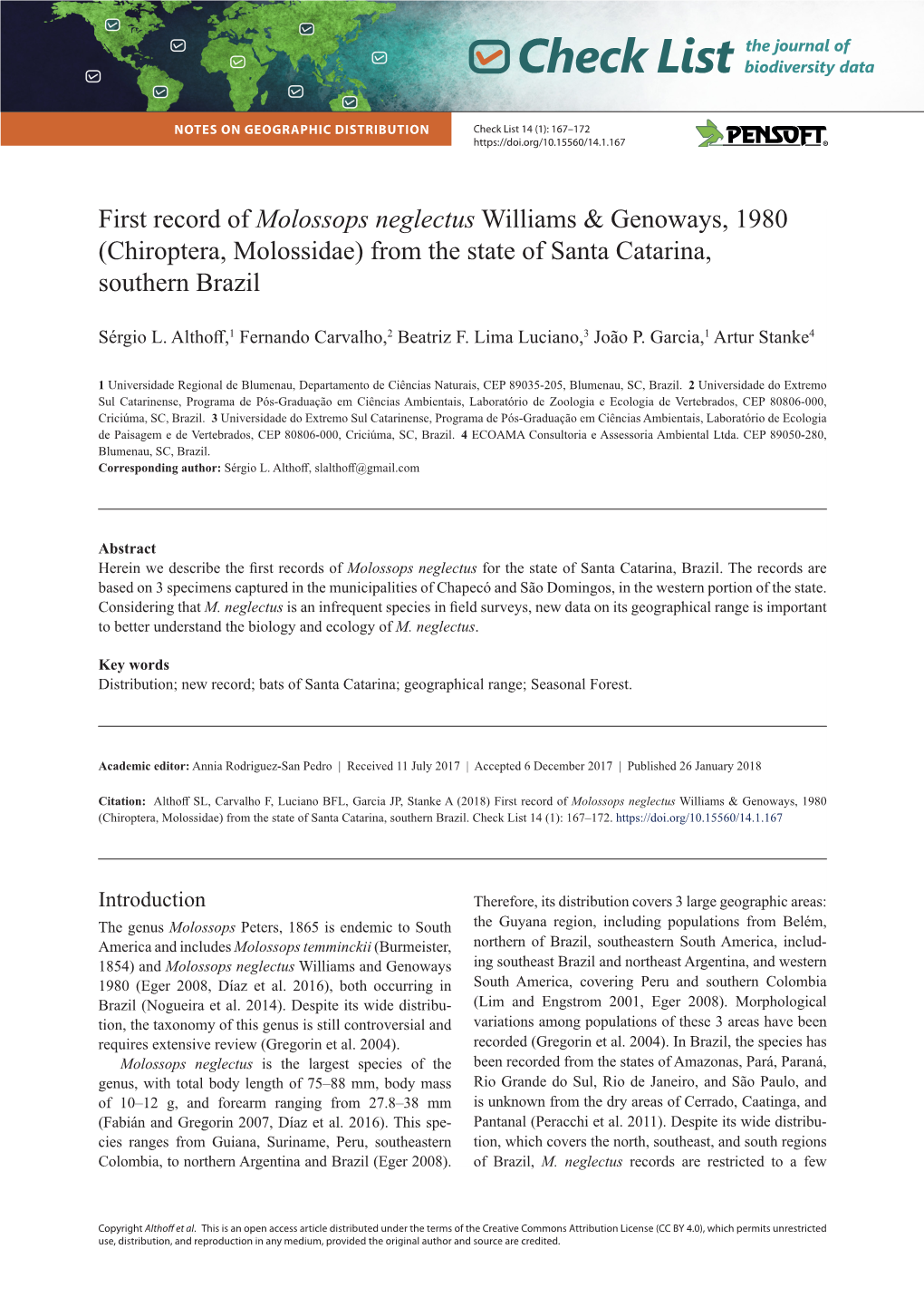 First Record of Molossops Neglectus Williams & Genoways, 1980 (Chiroptera, Molossidae) from the State of Santa Catarina, Southern Brazil