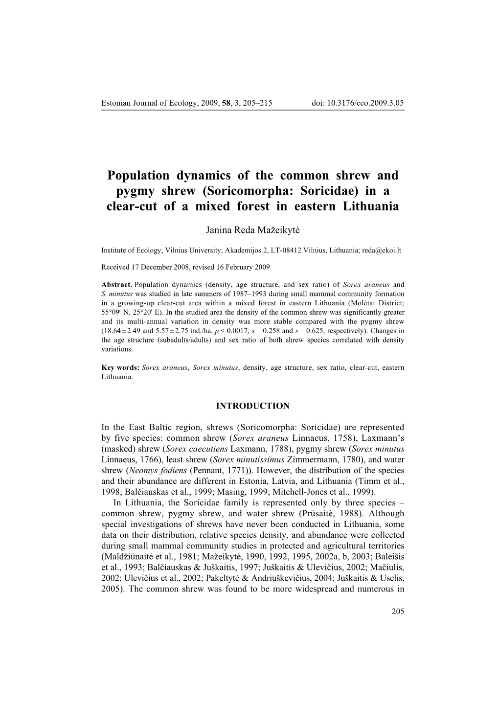 Population Dynamics of the Common Shrew and Pygmy Shrew (Soricomorpha: Soricidae) in a Clear-Cut of a Mixed Forest in Eastern Lithuania