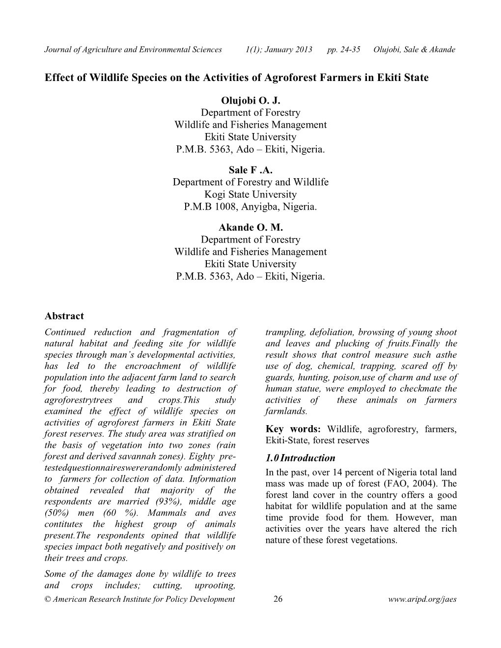 Effect of Wildlife Species on the Activities of Agroforest Farmers in Ekiti State