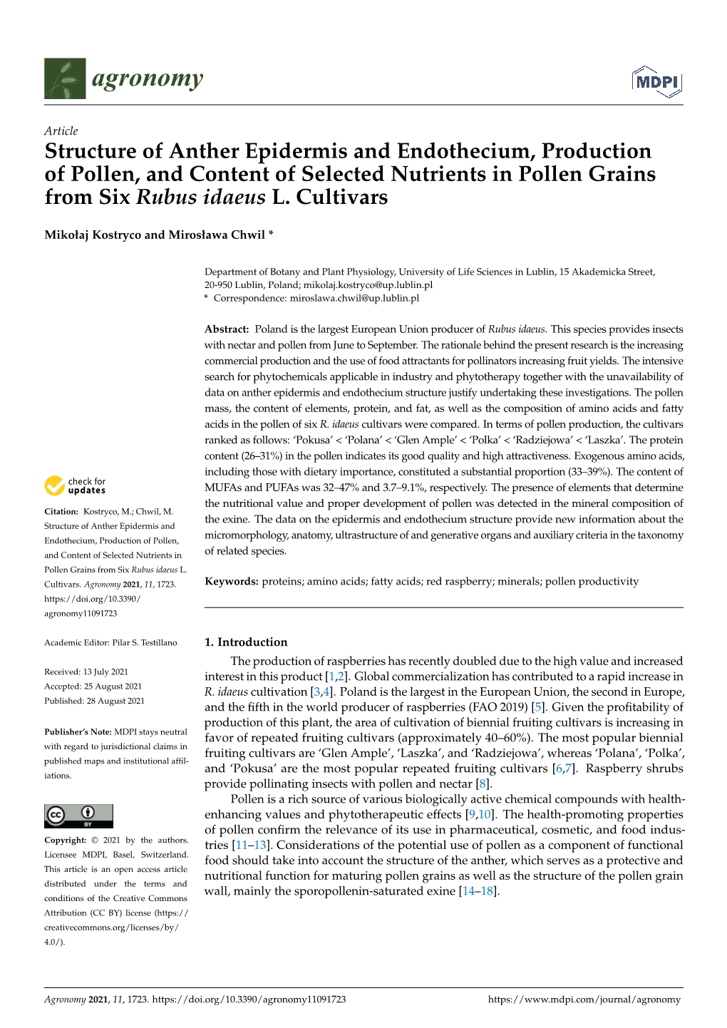 Structure of Anther Epidermis and Endothecium, Production of Pollen, and Content of Selected Nutrients in Pollen Grains from Six Rubus Idaeus L