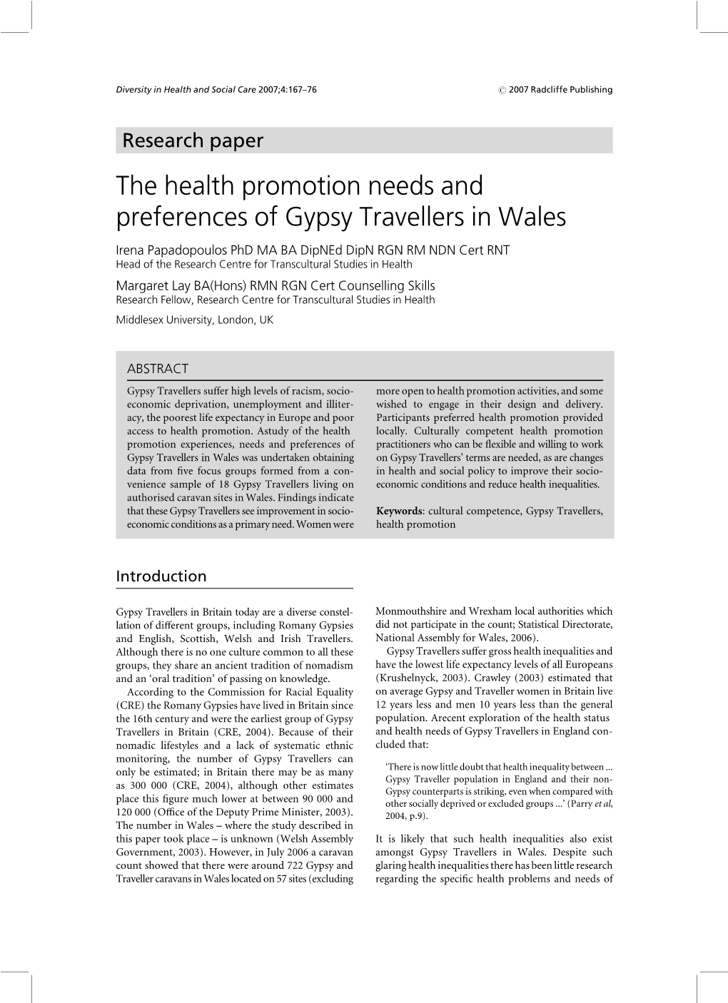 The Health Promotion Needs and Preferences of Gypsy Travellers In