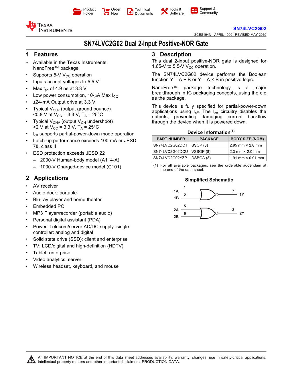 Dual 2-Input Positive-NOR Gate, SN74LVC2G02 Datasheet