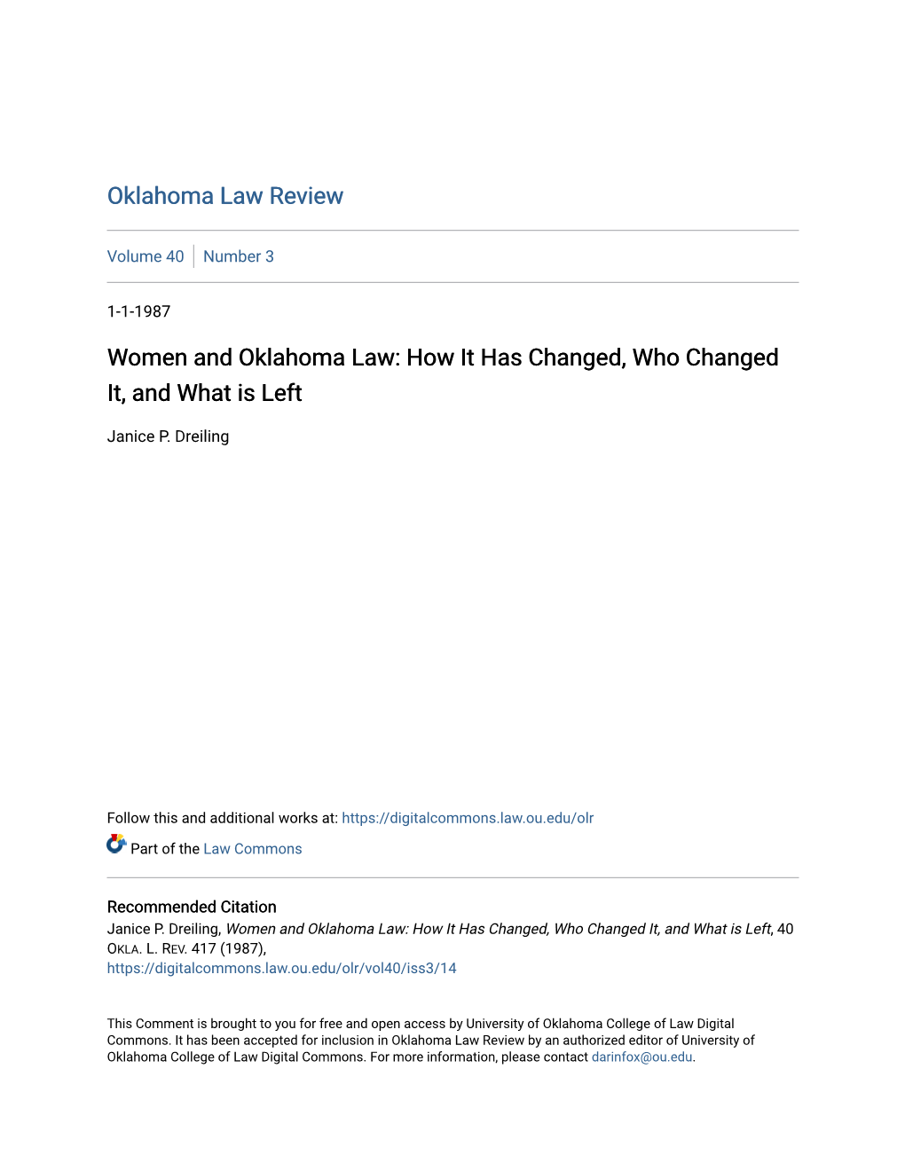 Women and Oklahoma Law: How It Has Changed, Who Changed It, and What Is Left