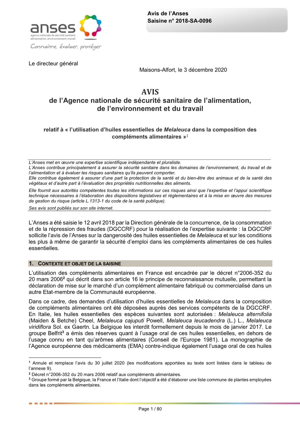 AVIS De L'anses Relatif L'utilisation D'huiles Essentielles De Melaleuca