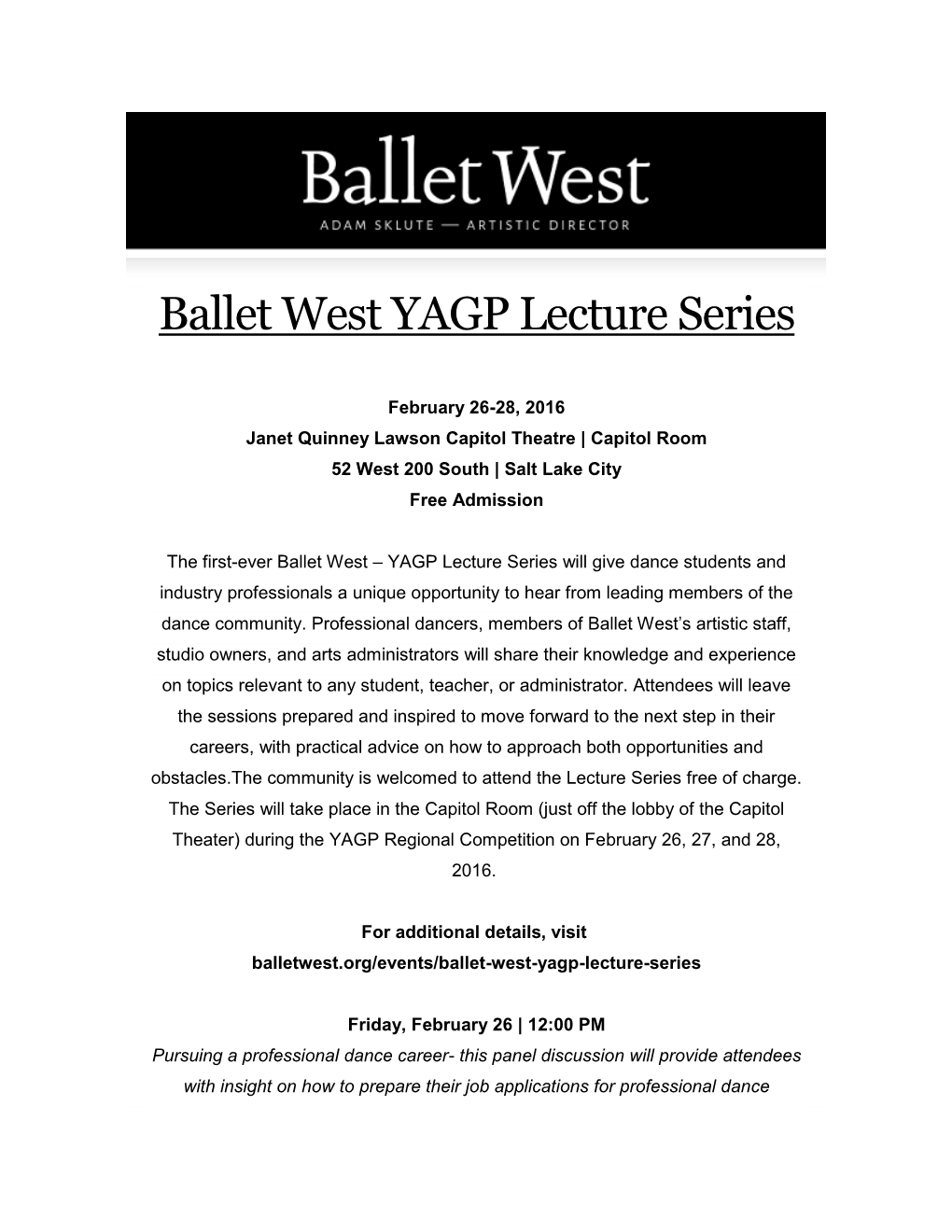 Ballet West YAGP Lecture Series