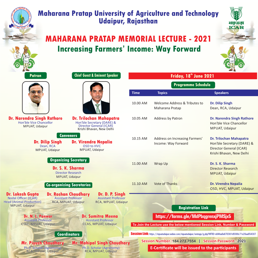 MAHARANA PRATAP MEMORIAL LECTURE - 2021 Increasing Farmers’ Income: Way Forward