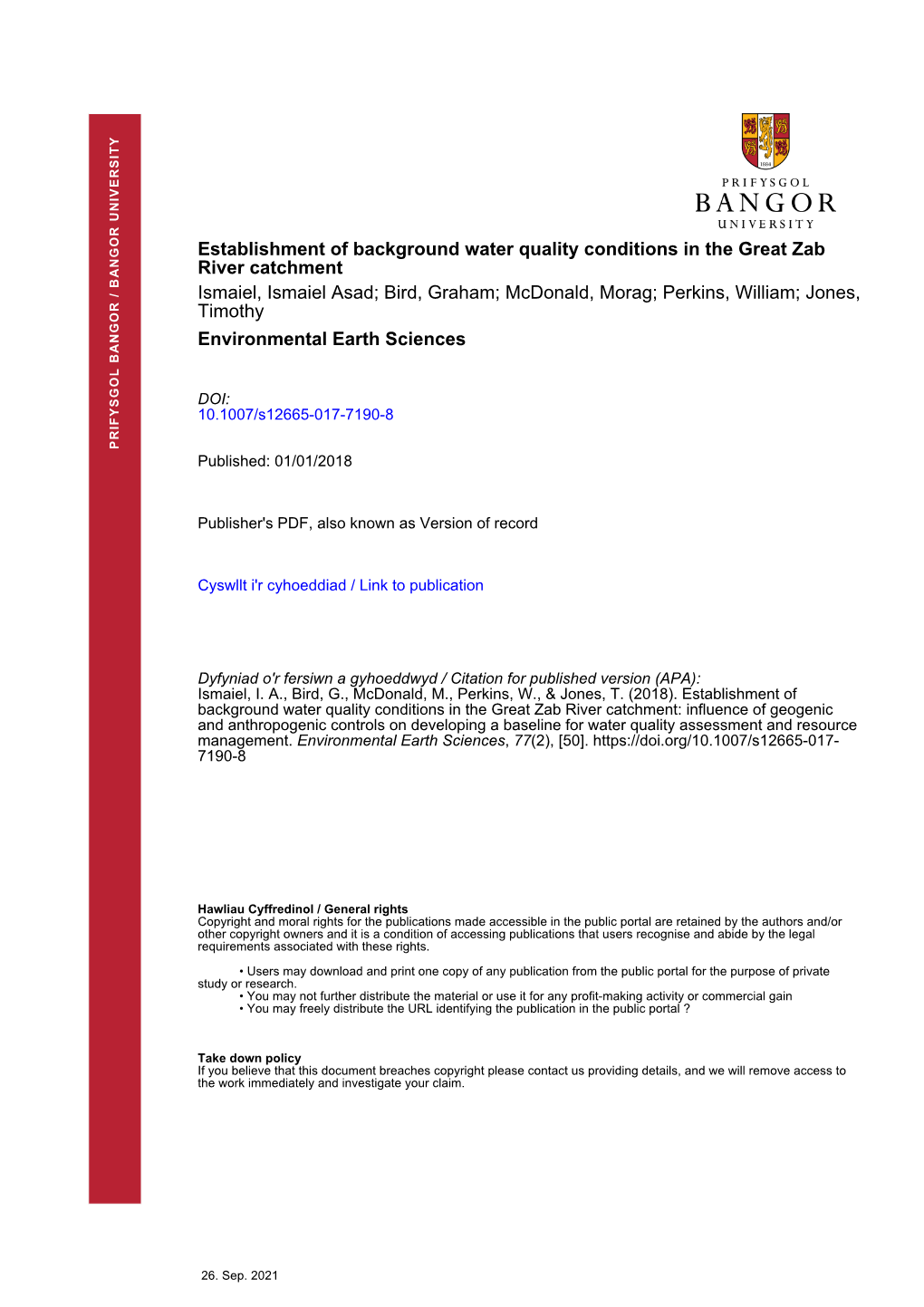 2018 Establishment of Background Water Quality Conditions in the Great