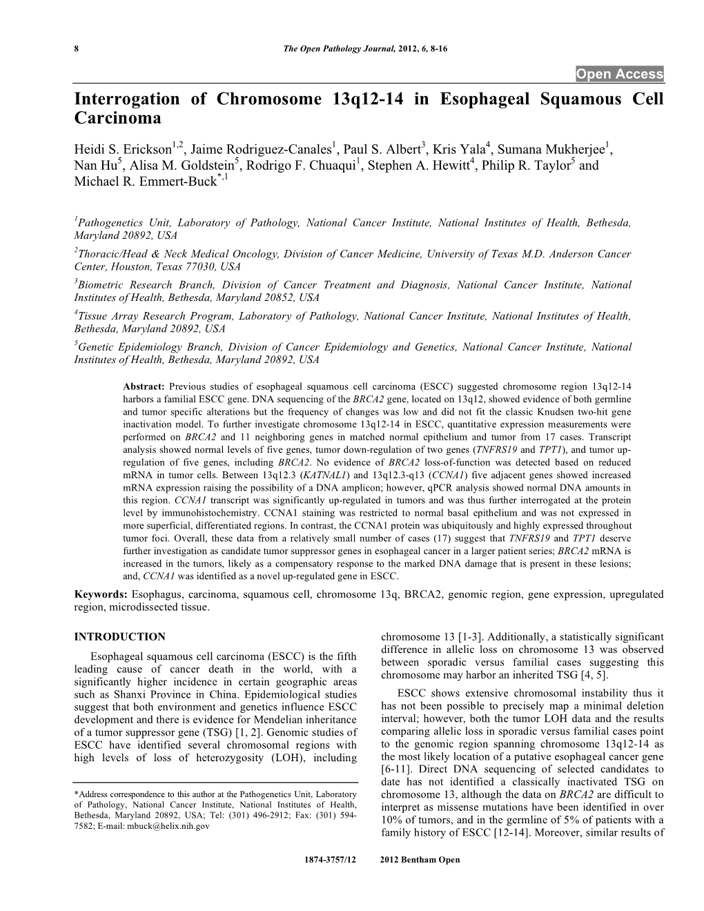 Interrogation of Chromosome 13Q12-14 in Esophageal Squamous Cell Carcinoma