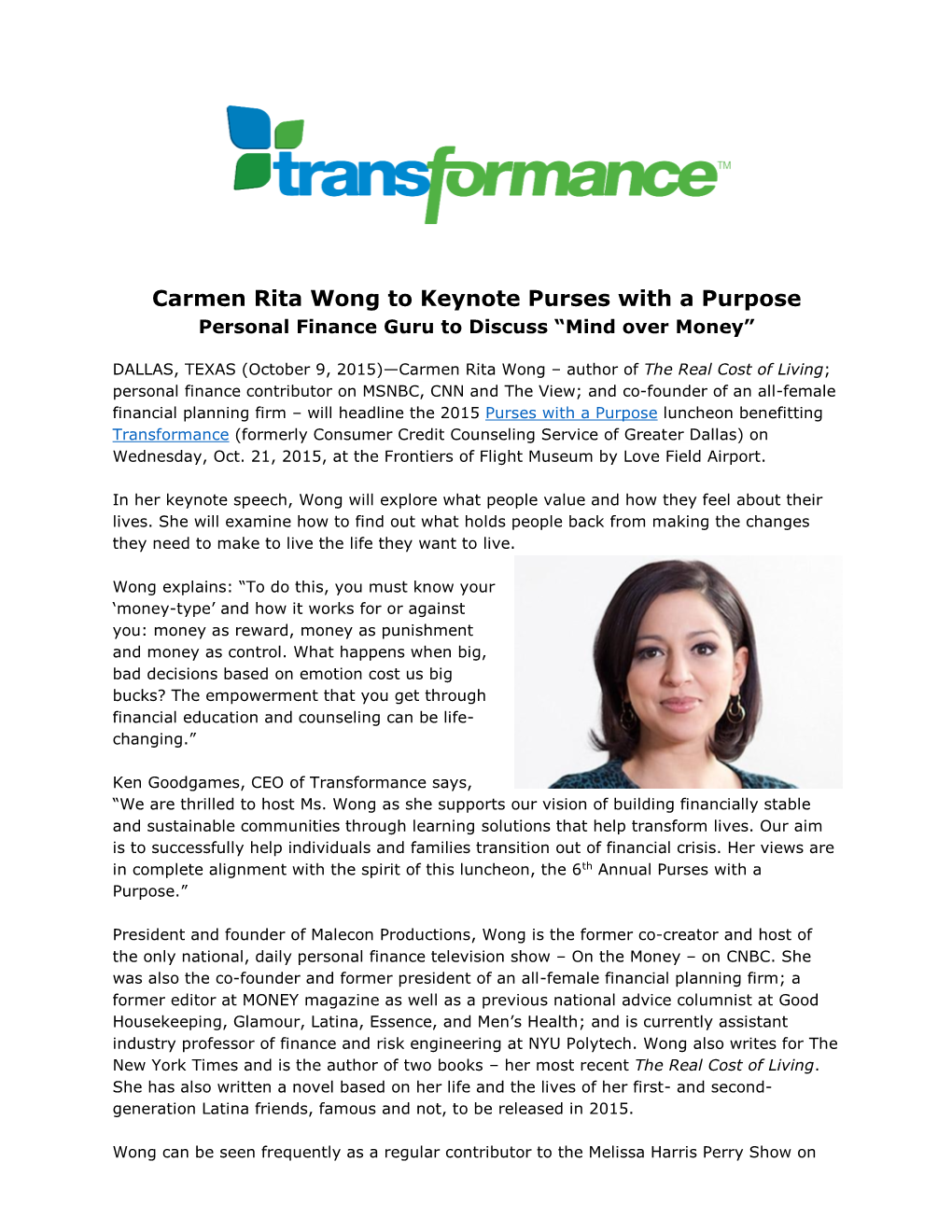 Carmen Rita Wong to Keynote Purses with a Purpose Personal Finance Guru to Discuss “Mind Over Money”