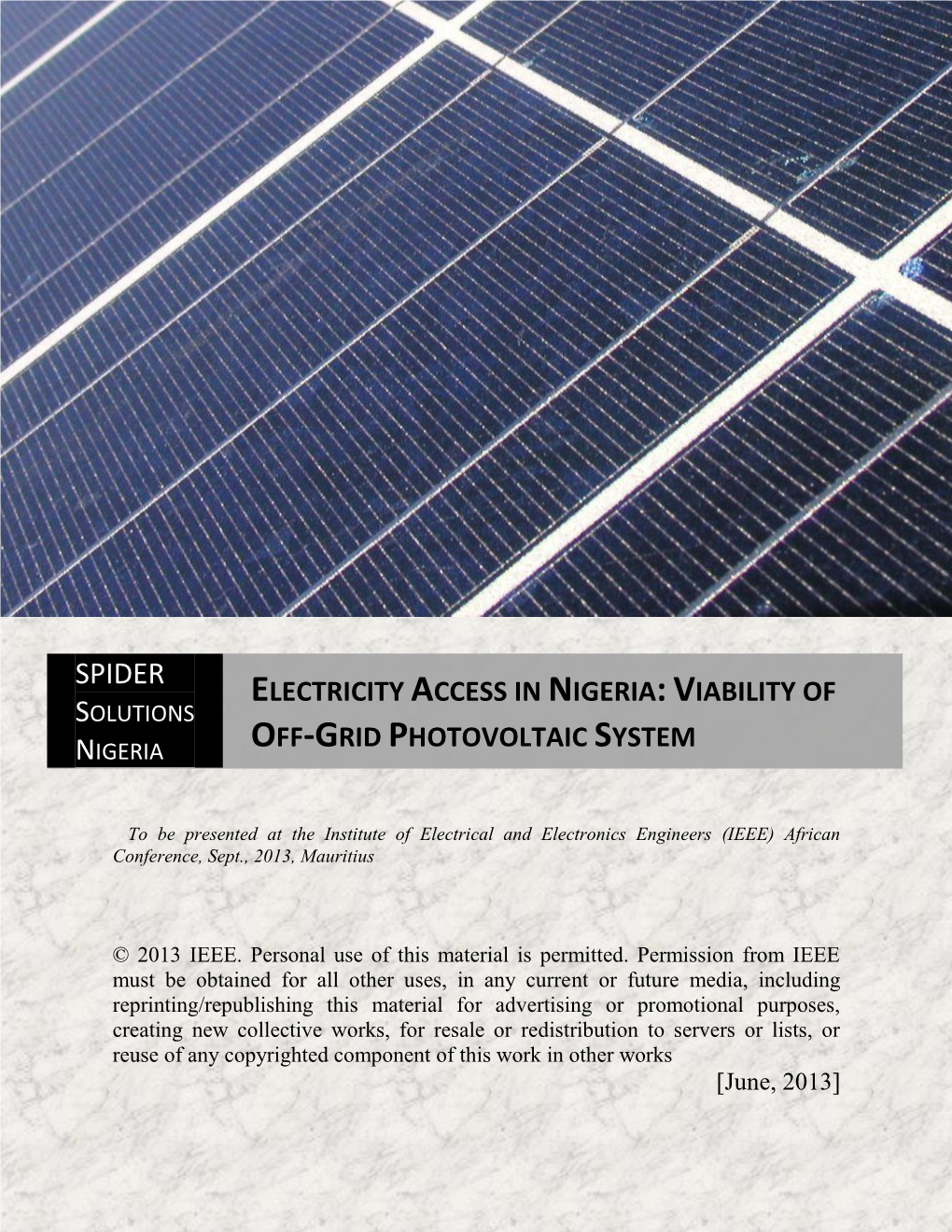 Electricity Access in Nigeria: Viability of Off-Grid Photovoltaic System
