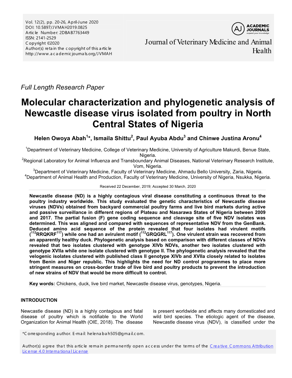 Molecular Characterization and Phylogenetic Analysis of Newcastle Disease Virus Isolated from Poultry in North Central States of Nigeria