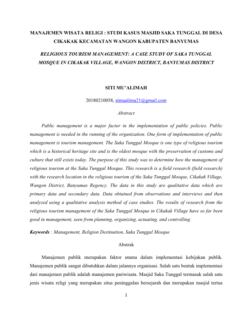 Manajemen Wisata Religi : Studi Kasus Masjid Saka Tunggal Di Desa Cikakak Kecamatan Wangon Kabupaten Banyumas