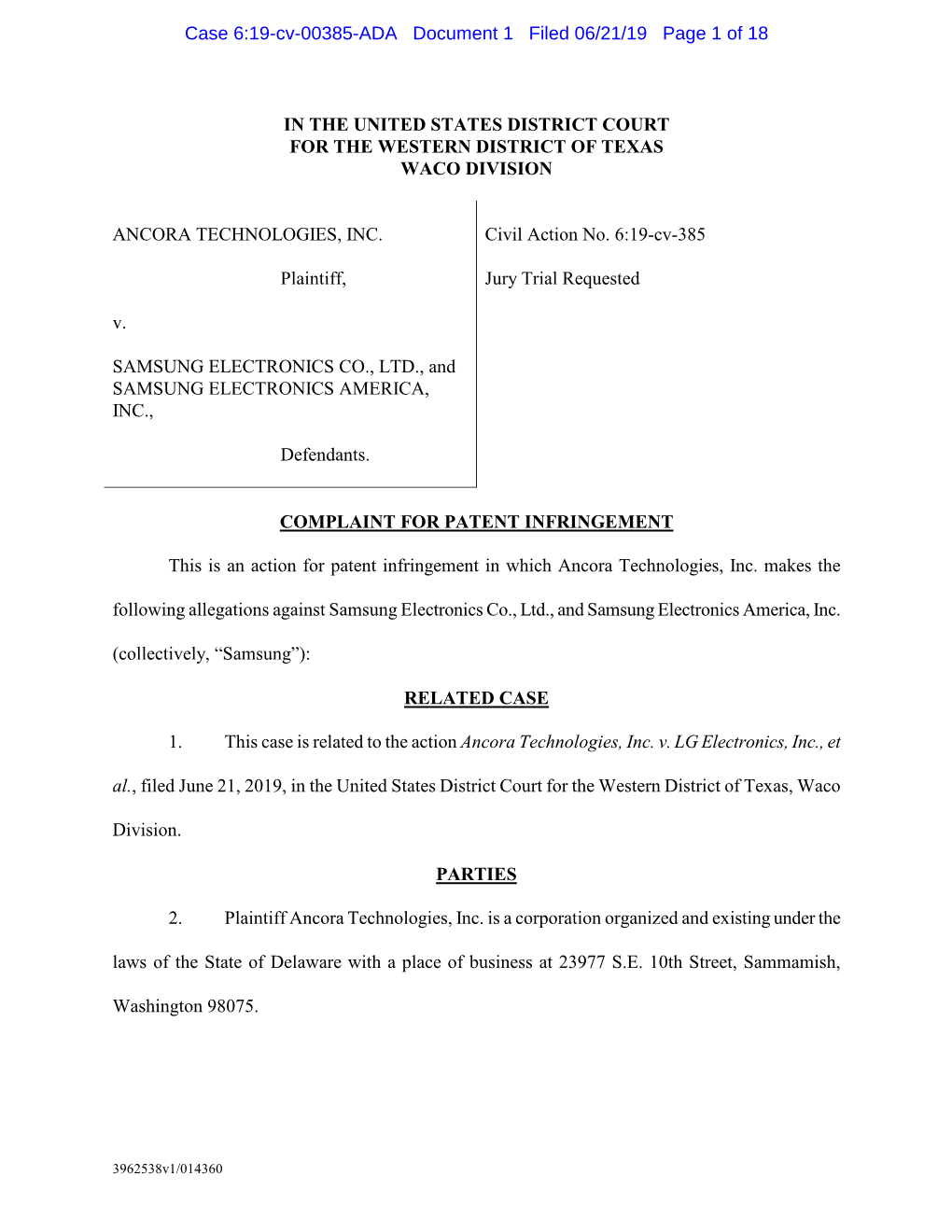Case 6:19-Cv-00385-ADA Document 1 Filed 06/21/19 Page 1 of 18