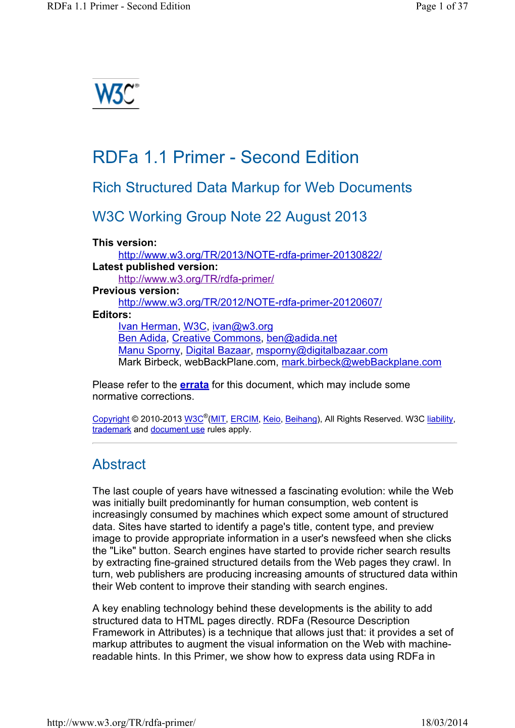 Rdfa 1.1 Primer - Second Edition Page 1 of 37