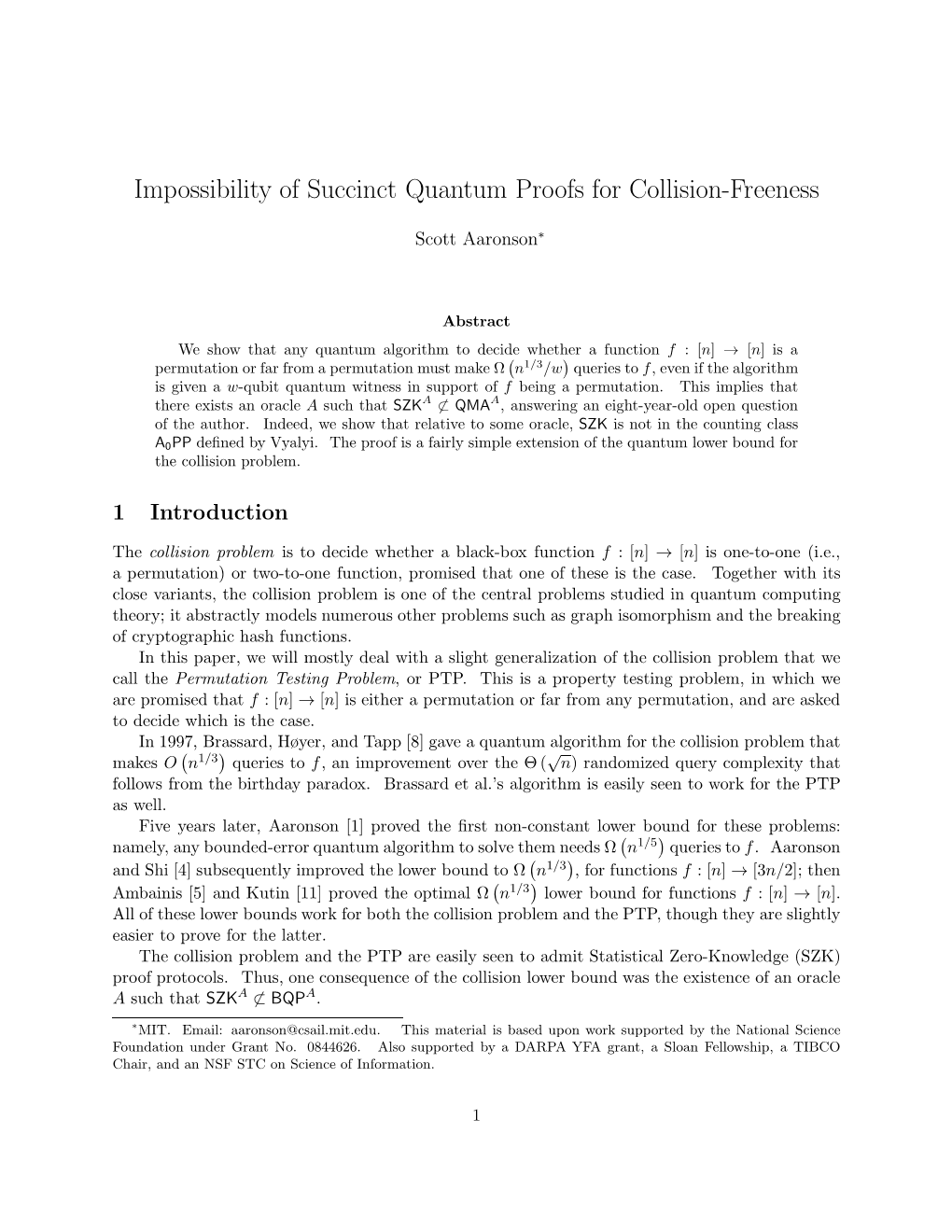 Impossibility of Succinct Quantum Proofs for Collision-Freeness