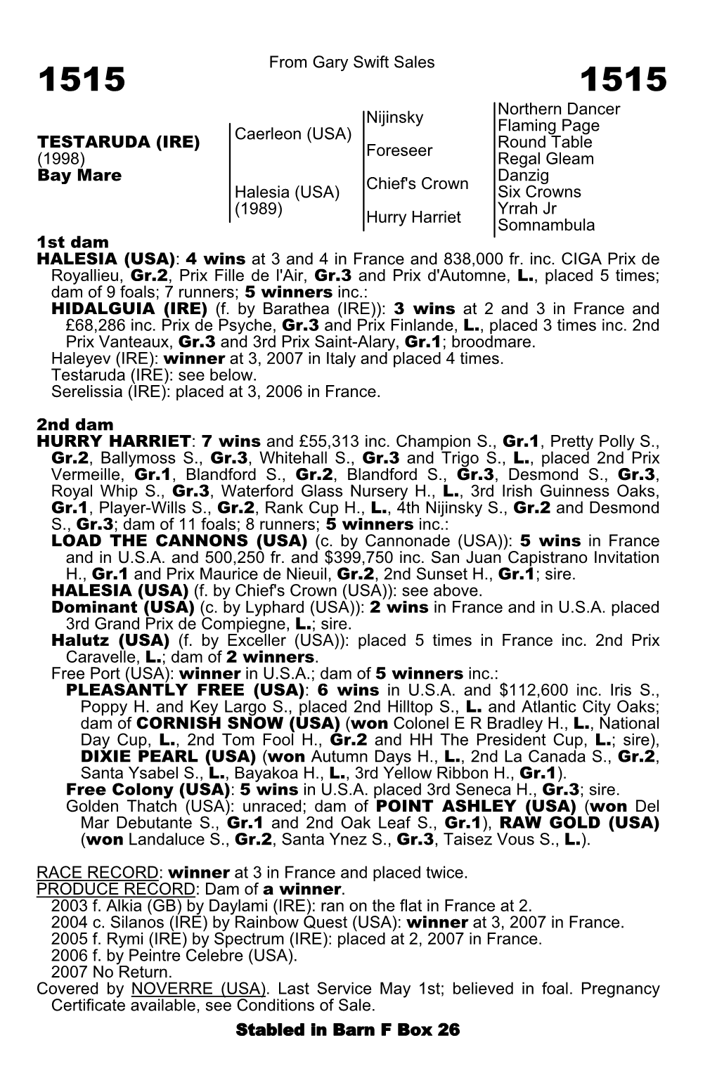 From Gary Swift Sales Nijinsky Northern Dancer Flaming Page Caerleon (USA) Foreseer Round Table Regal Gleam Chief's Crown Danzig