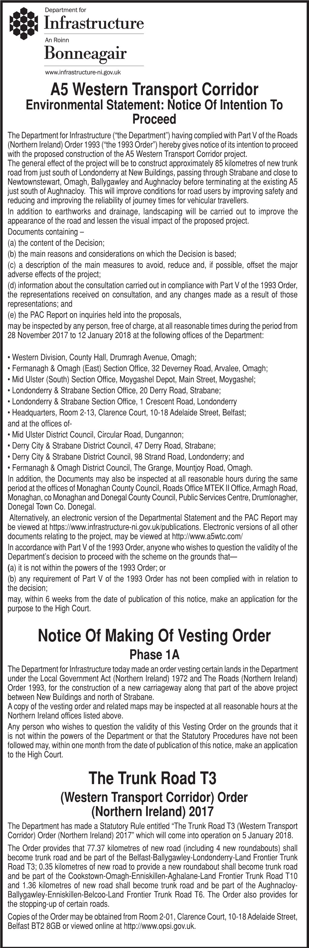 A5 Western Transport Corridor Notice of Making of Vesting Order the Trunk Road T3