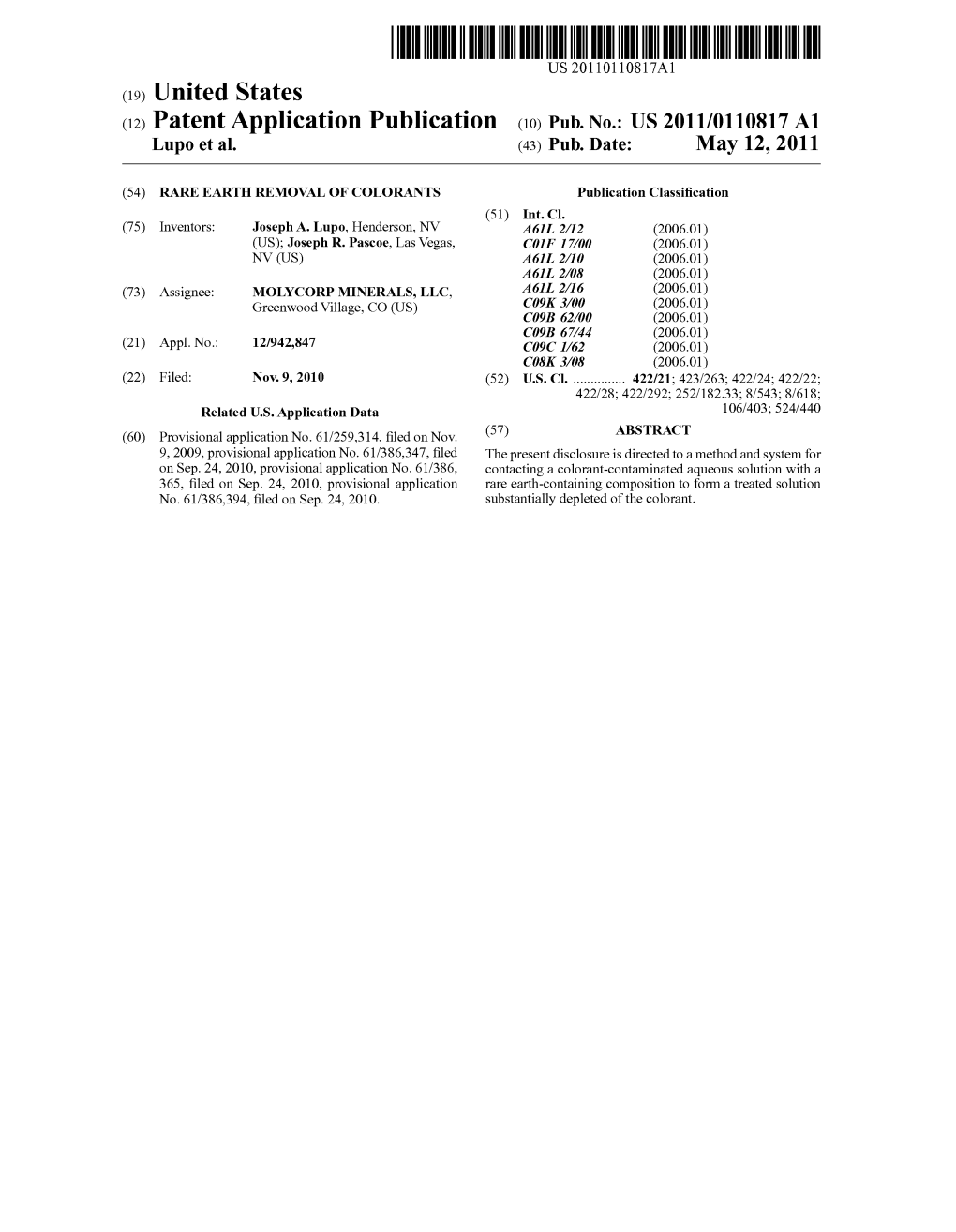 (12) Patent Application Publication (10) Pub. No.: US 2011/0110817 A1 Lupo Et Al