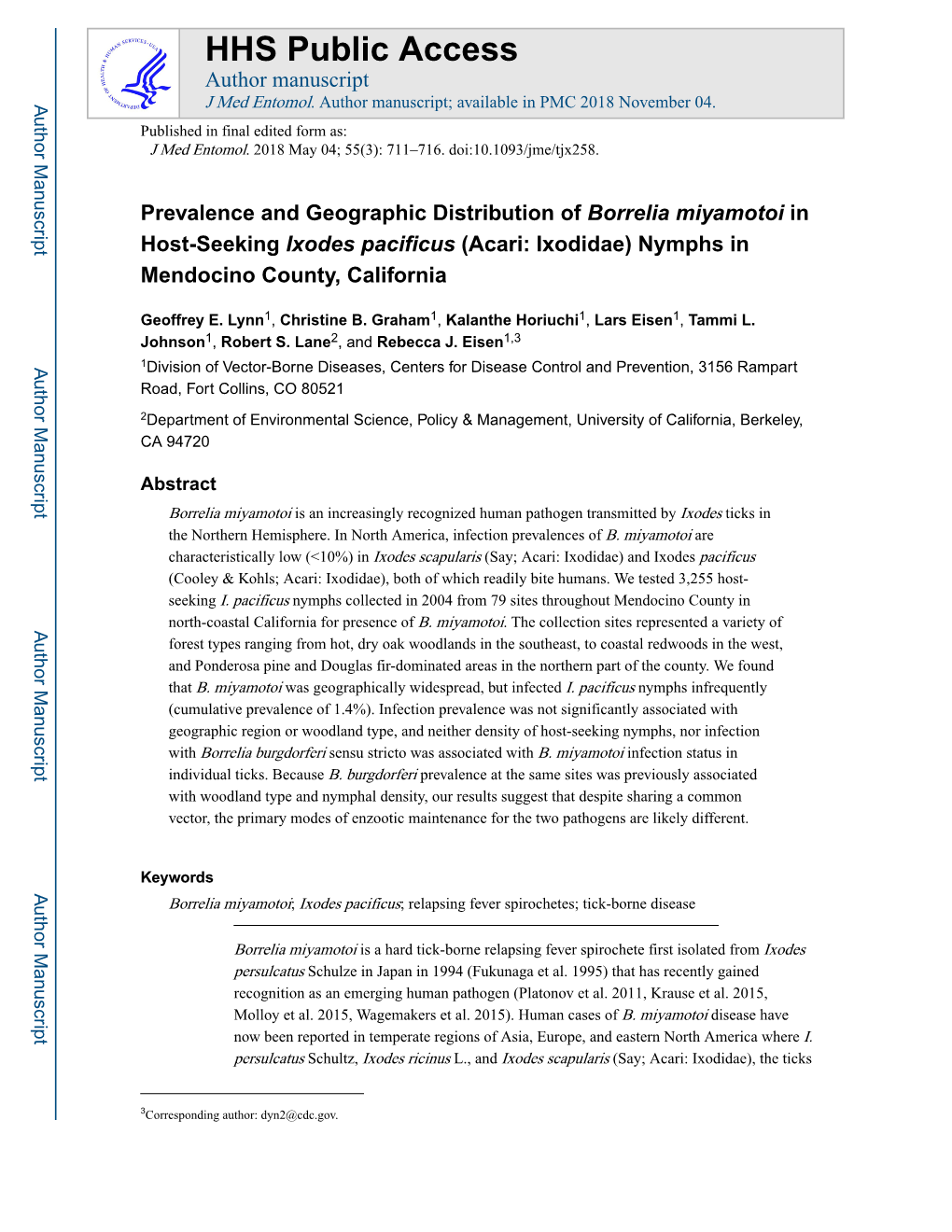 Prevalence and Geographic Distribution of Borrelia Miyamotoi in Host-Seeking Ixodes Pacificus (Acari: Ixodidae) Nymphs in Mendocino County, California