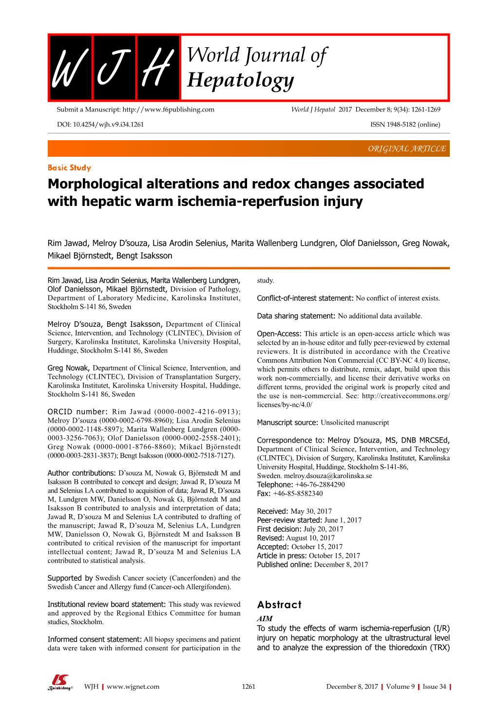 Morphological Alterations and Redox Changes Associated with Hepatic Warm Ischemia-Reperfusion Injury