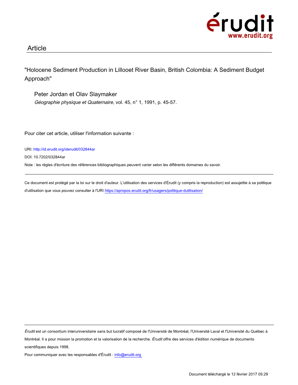 Holocene Sediment Production in Lillooet River Basin, British Colombia: a Sediment Budget Approach