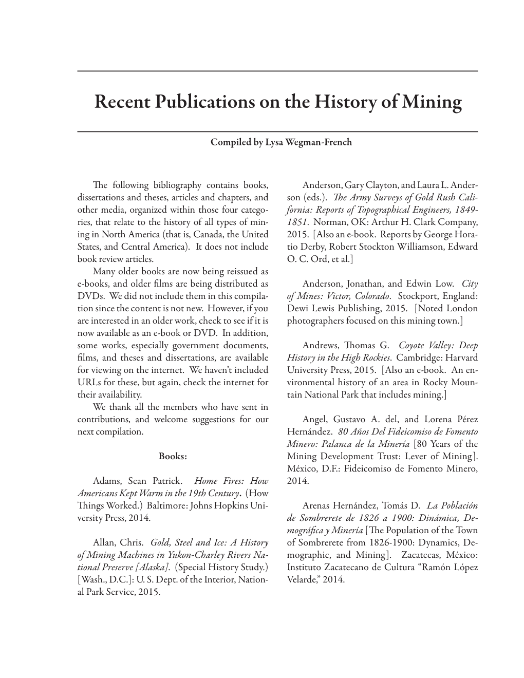 Recent Publications on the History of Mining