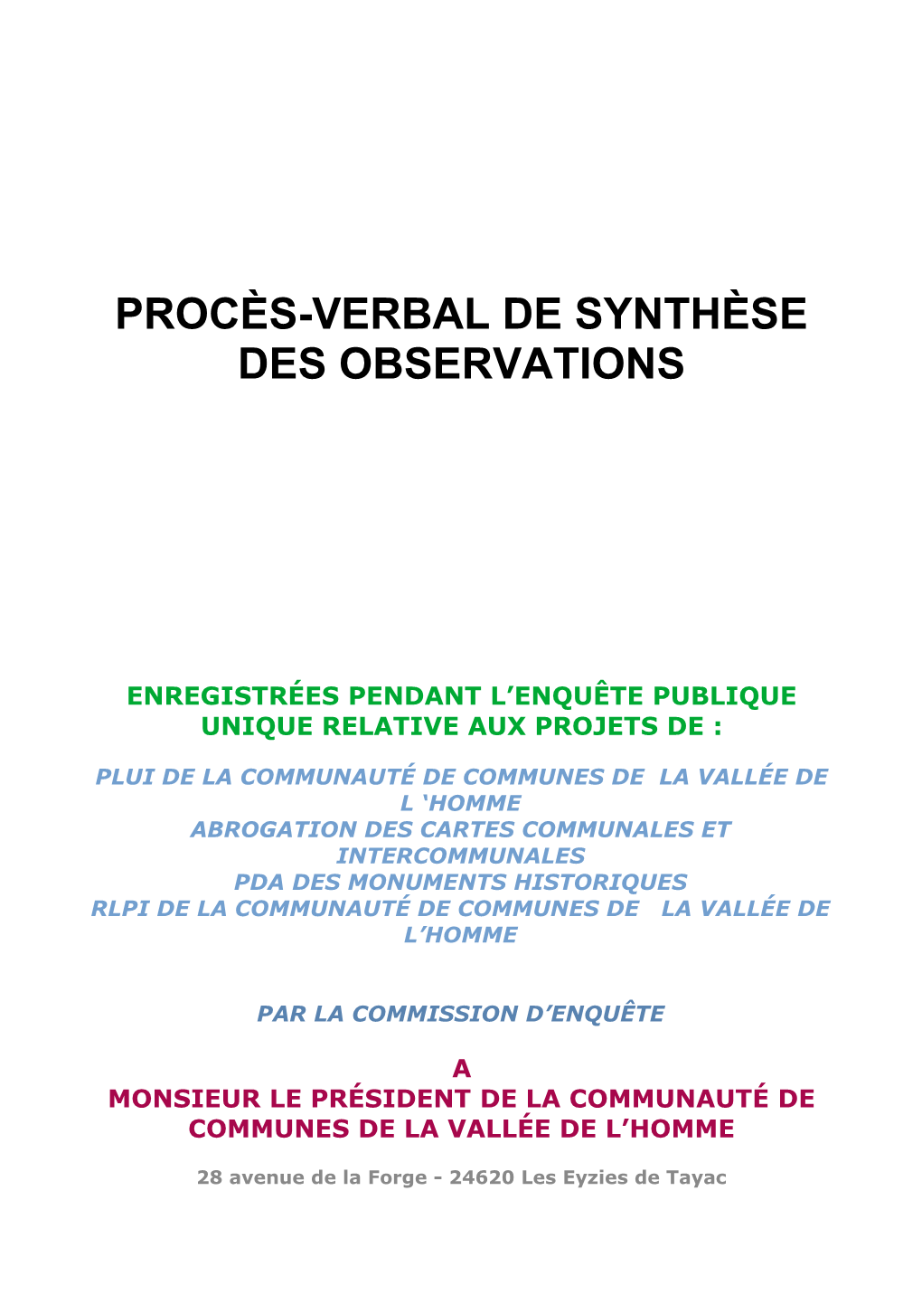 Procès-Verbal De Synthèse Des Observations