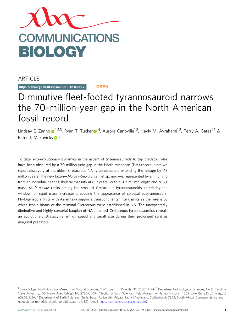 Diminutive Fleet-Footed Tyrannosauroid Narrows the 70-Million-Year Gap In