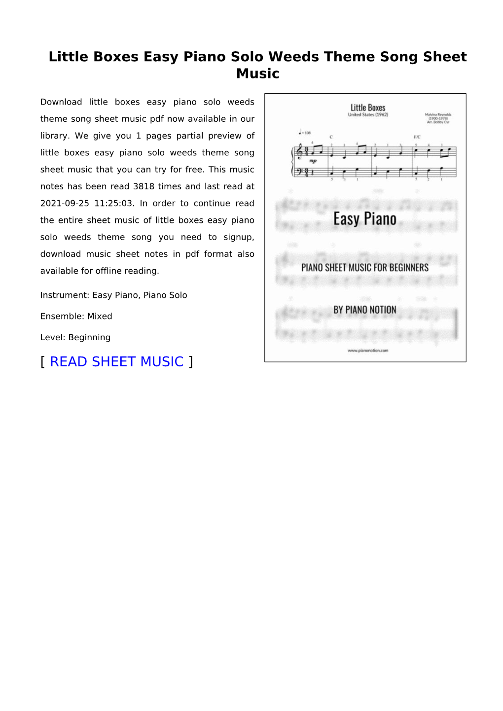 Little Boxes Easy Piano Solo Weeds Theme Song Sheet Music