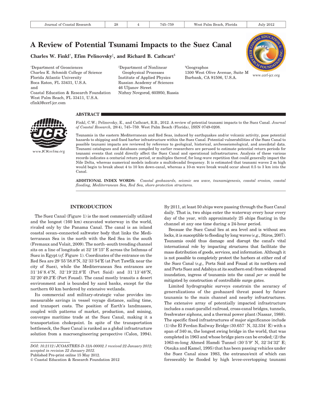 A Review of Potential Tsunami Impacts to the Suez Canal Charles W