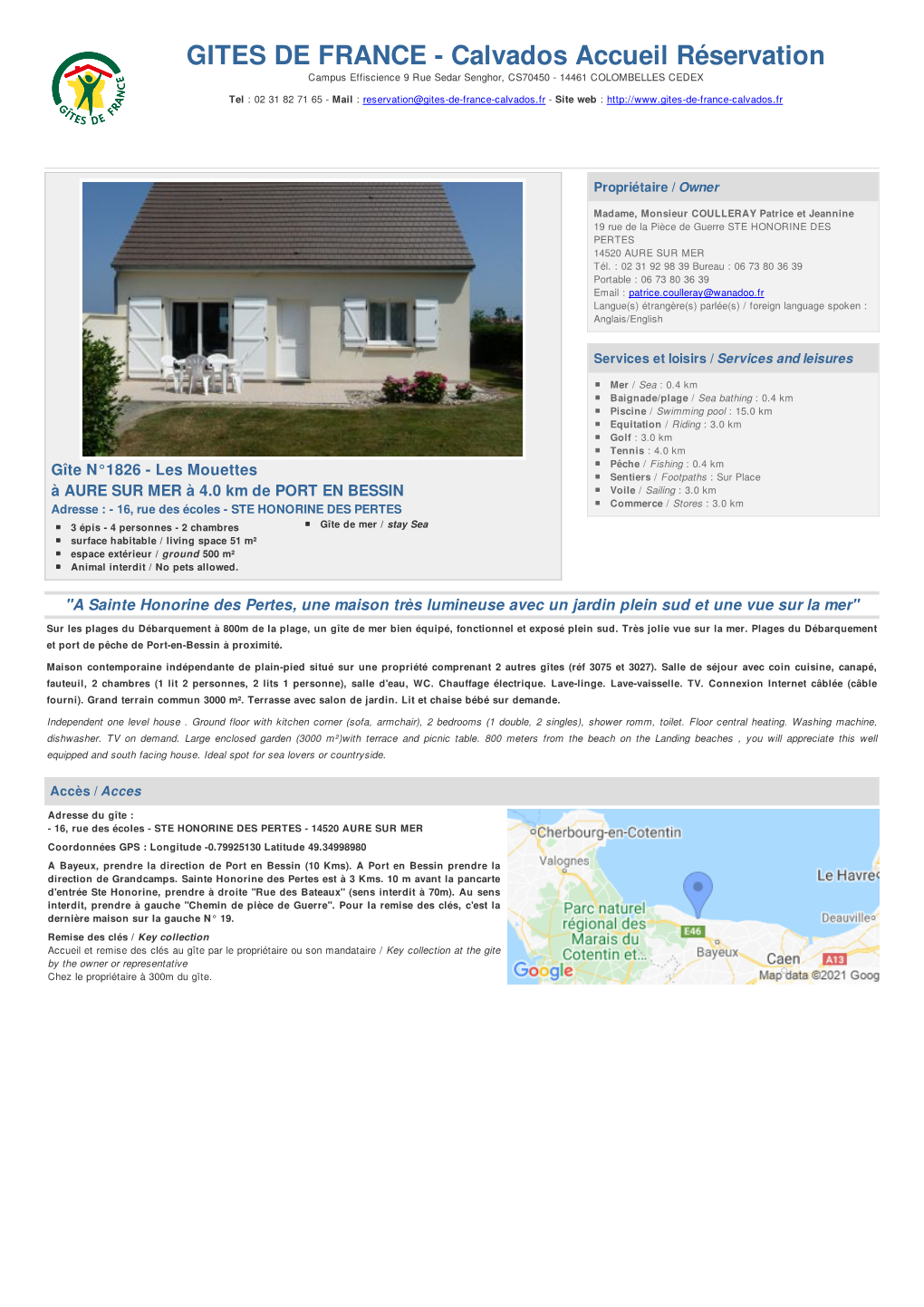 GITES DE FRANCE - Calvados Accueil Réservation Campus Effiscience 9 Rue Sedar Senghor, CS70450 - 14461 COLOMBELLES CEDEX